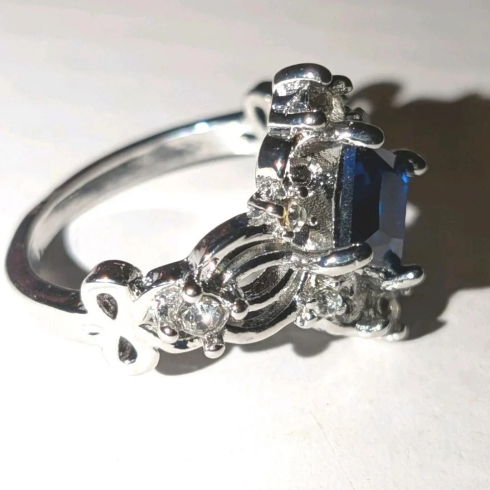 Ladie's Vintage Design Princess Cut Lab Created Sapphire Engagement Ring